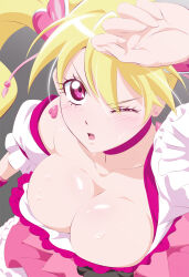 Rule 34 | 1girl, blonde hair, breasts, choker, cleavage, collarbone, cure peach, earrings, fresh precure!, fuchi (nightmare), gradient background, grey background, hair ornament, heart, heart earrings, heart hair ornament, highres, jewelry, large breasts, light blush, long hair, magical girl, momozono love, one eye closed, open mouth, pink choker, pink eyes, precure, puffy short sleeves, puffy sleeves, short sleeves, solo, twintails
