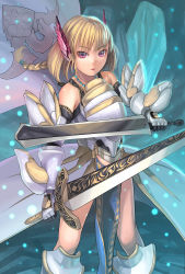 Rule 34 | 1girl, absurdres, armor, blonde hair, braid, female focus, gauntlets, gradient background, highres, holding, holding sword, holding weapon, jewelry, jishimaru, looking at viewer, necklace, open mouth, original, pink eyes, solo, sword, weapon