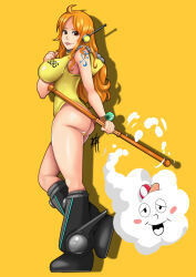 Rule 34 | 1girl, 1other, alternate costume, ass, boots, breasts, full body, highres, holding, holding weapon, huge ass, large breasts, leotard, log pose, long hair, looking at viewer, nami (one piece), nami (one piece) (egghead), official alternate costume, one piece, orange hair, polearm, revealing clothes, senturi, shoulder tattoo, sleeveless turtleneck leotard, smile, solo, standing, tattoo, very long hair, weapon, white leotard, wide hips, yellow background, yellow leotard, zeus (one piece)