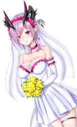 Rule 34 | 1girl, ally (eden154), bare shoulders, bouquet, breasts, bridal veil, choker, cleavage, cowboy shot, demon horns, dress, dutch angle, earrings, elbow gloves, eyes visible through hair, flower, gloves, hair over one eye, highres, horn ornament, horns, jewelry, large breasts, light purple hair, looking at viewer, oscurol (shironeko project), oscurol (shironeko project), pointy ears, purple eyes, shironeko project, short dress, short hair, smile, solo, strapless, strapless dress, thigh strap, veil, wedding dress, white background, white dress, white gloves