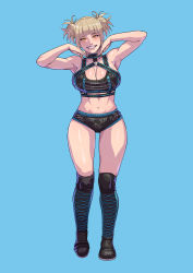 Rule 34 | 1girl, absurdres, alexa bliss, alexa bliss (cosplay), armpits, bare shoulders, blonde hair, blue background, blunt bangs, boku no hero academia, breasts, choker, cirenk, cleavage, commission, cosplay, double bun, full body, hair bun, highres, large breasts, looking at viewer, midriff, muscular, muscular female, navel, parted lips, shorts, simple background, sleeveless, smile, solo, standing, teeth, toga himiko, wwe