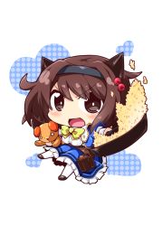 Rule 34 | 10s, 1girl, blush, bow, bowtie, breasts, brown eyes, brown hair, chibi, child, draph, dress, food, fried rice, frying pan, granblue fantasy, heart, horns, looking at viewer, oppai loli, pouch, reku, shoes, short hair, simple background, solo, stuffed animal, stuffed toy, white background, white legwear, yaia (granblue fantasy)