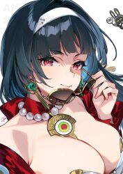 1girl 92m astra_yao bangboo_(zenless_zone_zero) black_hair blunt_bangs blush breasts earrings glasses hairband highres jewelry large_breasts long_hair necklace red_eyes removing_eyewear smile sunglasses upper_body white_hairband zenless_zone_zero