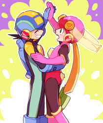 Rule 34 | 1boy, 1girl, android, artist request, ass, backpack, bag, blue gloves, blue headwear, blush, bodysuit, boots, closed eyes, dancing, flat chest, gloves, green eyes, heart, helmet, highres, holding hands, looking at another, mega man (series), mega man battle network, megaman.exe, pink gloves, pink headwear, purple background, roll.exe (mega man), skin tight, smile, source request, spiked hair, tagme, teeth, waist grab, white background, yellow background