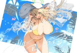 Rule 34 | 1girl, aircraft, bikini, blonde hair, blue archive, blush, breasts, cleavage, collarbone, dated, fbc, green eyes, halo, hat, helicopter, huge breasts, leaning forward, long hair, looking at viewer, navel, nonomi (blue archive), nonomi (swimsuit) (blue archive), official alternate costume, open mouth, outdoors, outside border, side-tie bikini bottom, solo, sun hat, swimsuit, wind, yellow bikini