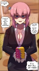 Rule 34 | 1girl, absurdres, aged up, blue eyes, blush, bocchi the rock!, breasts, business suit, cleavage, commentary, condom box, cropped, cube hair ornament, english commentary, english text, formal, gotoh hitori, hair between eyes, hair ornament, highres, hinghoi, holding, large breasts, long hair, open mouth, pink hair, ponytail, shaded face, solo, suit, very long hair