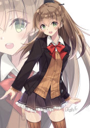 Rule 34 | 10s, 1girl, artist name, bow, bowtie, brown hair, brown jacket, brown skirt, brown thighhighs, collared shirt, cowboy shot, dated, frilled skirt, frills, green eyes, hair ornament, highres, jacket, kantai collection, kobayashi chisato, kumano (kancolle), long sleeves, looking at viewer, open mouth, pleated skirt, ponytail, red bow, red bowtie, remodel (kantai collection), shirt, simple background, skirt, solo, thighhighs, upper body, white background, white shirt, zoom layer