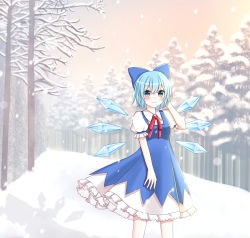 Rule 34 | 1girl, bad id, bad pixiv id, bare tree, blue bow, blue dress, blue eyes, blue hair, blush, bow, breasts, cirno, closed mouth, dress, feet out of frame, hand in own hair, hand up, highres, ice, ice wings, outdoors, petticoat, pinafore dress, piyoru nico, puffy short sleeves, puffy sleeves, red neckwear, red ribbon, ribbon, short hair, short sleeves, sleeveless dress, small breasts, smile, snowing, solo, standing, touhou, tree, twilight, vanishing point, wings
