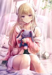 Rule 34 | 1girl, :t, alarm clock, bare legs, bed sheet, black nails, black tank top, blonde hair, blush, breasts, cardigan, cellphone, clock, closed mouth, collarbone, commentary request, curtains, dot nose, frilled pillow, frills, hanging plant, heart, highres, holding, holding stuffed toy, horns, indoors, jewelry, knees, light particles, long hair, looking at viewer, medium breasts, miniskirt, nail art, necklace, on bed, open cardigan, open clothes, original, phone, pillow, pink cardigan, pink eyes, plant, pointy ears, potted plant, pout, sidelocks, single bare shoulder, single off shoulder, sitting, skirt, sleeves past wrists, smartphone, solo, stuffed animal, stuffed rabbit, stuffed toy, tank top, thick eyelashes, thighs, tokeshi, twitter username, upskirt, white horns, white nails, white skirt