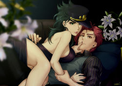 Rule 34 | 1boy, 1girl, arm grab, bare back, bare shoulders, blurry, breast press, breasts, closed mouth, couch, couple, depth of field, dress shirt, earrings, eyebrows, eyelashes, finger to another&#039;s mouth, finger to mouth, flipped hair, flower, genderswap, genderswap (mtf), green eyes, green hair, hand on another&#039;s back, hat, hetero, holding another&#039;s arm, jewelry, jojo no kimyou na bouken, kakyoin noriaki, kotatsu (g-rough), kuujou joutarou, large breasts, long hair, long sleeves, looking at viewer, lying, lying on person, nail polish, on back, on couch, on person, parted lips, peaked cap, pillow, pink lips, red eyes, red hair, red nails, shirt, shushing, signature, striped clothes, striped shirt, thick eyebrows, white flower