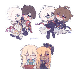 Rule 34 | 1girl, 5boys, :d, :o, ahoge, annoyed, belial (granblue fantasy), belt, black dress, blonde hair, blue belt, blue eyes, blush, braid, brown hair, cape, carrying, chibi, chibi only, closed eyes, commentary, cup, dark-skinned female, dark skin, dress, drinking glass, fang, fingerless gloves, formal, gloves, granblue fantasy, hair between eyes, hair ornament, helel ben sahar (granblue fantasy), helel ben shalem, highres, hood, hood down, implied yaoi, light, long hair, looking at another, lucilius (granblue fantasy), messy hair, military uniform, multiple boys, official alternate costume, open mouth, pacifier, princess carry, red eyes, red wine, robe, sandalphon (granblue fantasy), schw3iss b, short hair, single braid, sitting, sitting on lap, sitting on person, smile, suit, symbol-only commentary, twitter username, uniform, white background, white cape, white hair, white robe, wine glass