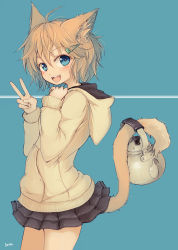 Rule 34 | 1girl, animal ears, batta (kanzume quality), blonde hair, blue eyes, blush, cat ears, cat tail, fangs, hair ornament, hairclip, highres, holding, holding with tail, hood, hoodie, kettle, original, prehensile tail, short hair, skirt, smile, solo, tail, v