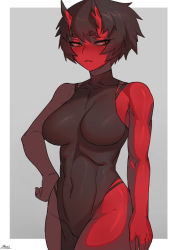 Rule 34 | 1girl, bare arms, bare shoulders, black dress, black hair, blush, border, breasts, closed mouth, colored skin, covered navel, cowboy shot, dress, grey background, half-closed eyes, hand on own hip, horns, kidouko (zakusi), looking at viewer, medium breasts, oni, oni horns, orange eyes, original, red oni, red skin, short eyebrows, short hair, side slit, signature, simple background, slit pupils, solo, thick eyebrows, white border, zakusi