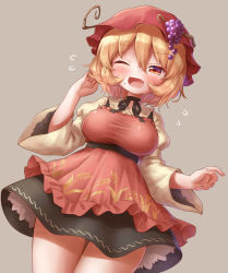 Rule 34 | 1girl, aki minoriko, apron, arinu, black skirt, blonde hair, blush, breasts, brown background, cowboy shot, fang, flying sweatdrops, food-themed hat ornament, fruit hat ornament, grape hat ornament, hair between eyes, hat, hat ornament, highres, large breasts, long sleeves, mob cap, one eye closed, open mouth, red apron, red eyes, red hat, shirt, short hair, simple background, skin fang, skirt, solo, touhou, wide sleeves, yellow shirt