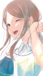 Rule 34 | 1girl, absurdres, bang dream!, bang dream! it&#039;s mygo!!!!!, brown hair, collared dress, commentary request, dress, earrings, hand in own hair, highres, jewelry, long hair, nagasaki soyo, necklace, one eye closed, open mouth, shu atelier, simple background, smile, solo, upper body, white background, white dress