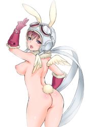 Rule 34 | 1girl, :d, asbel lhant, ass, body blush, breasts, cowboy shot, genderswap, genderswap (mtf), gloves, goggles, goggles on headwear, green eyes, hand up, hat, heterochromia, large breasts, looking at viewer, looking back, mini wings, nipples, nude, official alternate costume, open mouth, pilot helmet, purple eyes, red gloves, red hair, simple background, smile, solo, tail, tales of (series), tales of graces, usagi nagomu, w, waving, white background, wings