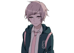 Rule 34 | 1boy, backpack, bag, blue jacket, closed mouth, collared shirt, commentary request, danganronpa (series), danganronpa 2: goodbye despair, genderswap, genderswap (ftm), hood, hood down, hooded jacket, jacket, long sleeves, male focus, nanami chiaki, necktie, open clothes, open jacket, pink eyes, pink hair, pink necktie, shirt, short hair, simple background, smile, solo, unagi (nakaelric), upper body, white background, white shirt