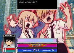 Rule 34 | 1girl, 2boys, black hair, black necktie, blonde hair, blue jacket, chainsaw man, city, collared shirt, denji (chainsaw man), expressionless, gameplay mechanics, hayakawa aki, heads-up display, health bar, horns, jacket, long hair, looking at viewer, multiple boys, necktie, omori, open mouth, orange eyes, osulan, outline, outstretched arm, parody, pixelated, power (chainsaw man), red hair, red horns, red outline, sharp teeth, shirt, shirt partially tucked in, short hair, spiked hair, style parody, teeth, tongue, tongue out, white shirt