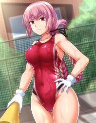 Rule 34 | 1girl, braid, breasts, collarbone, competition swimsuit, covered navel, cowboy shot, day, fate/grand order, fate (series), fence, florence nightingale (fate), gloves, hand on own hip, highres, long hair, looking at viewer, medium breasts, megaphone, one-piece swimsuit, outdoors, pink hair, red eyes, red one-piece swimsuit, single braid, solo, swimsuit, wet, wet clothes, wet swimsuit, white gloves, zanntetu
