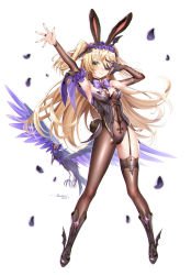 Rule 34 | 1girl, adapted costume, animal, animal ears, armpits, arms up, bare shoulders, bird, black footwear, black gloves, blonde hair, boots, brown leotard, brown thighhighs, crow, detached sleeves, eyepatch, fake animal ears, fake tail, feathers, fischl (genshin impact), full body, garter straps, genshin impact, gloves, green eyes, half gloves, hattori masaki, headdress, highres, jewelry, leotard, long hair, long legs, long sleeves, looking at viewer, outstretched arm, oz (genshin impact), rabbit ears, rabbit tail, revealing clothes, ring, simple background, single glove, single leg pantyhose, single thighhigh, tail, thighhighs, two side up, very long hair, white background
