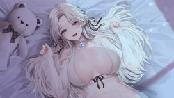 Rule 34 | 1girl, absurdres, babydoll, bare shoulders, black ribbon, blue eyes, breasts, breasts apart, choker, collarbone, commentary request, detached sleeves, frilled choker, frills, from above, gem, hair ribbon, halterneck, highres, korean commentary, large breasts, lillly, long hair, lying, navel, on back, on bed, original, parted bangs, plunging neckline, ribbon, see-through, see-through shirt, smile, solo, stuffed animal, stuffed toy, teddy bear, teeth, tongue, upper body, upper teeth only, white choker, white hair