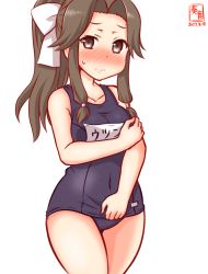 Rule 34 | 1girl, alternate costume, artist logo, blue one-piece swimsuit, blush, breasts, brown eyes, brown hair, collarbone, commentary request, covered navel, cowboy shot, dated, forehead, hair intakes, half updo, jintsuu (kancolle), kanon (kurogane knights), kantai collection, large breasts, long hair, looking at viewer, name tag, nose blush, old school swimsuit, one-hour drawing challenge, one-piece swimsuit, school swimsuit, simple background, solo, swimsuit, white background