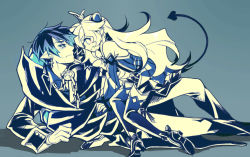 Rule 34 | 1boy, 1girl, bad id, bad pixiv id, blue theme, chain, ciel (elsword), coat, crown, demon power (elsword), detached sleeves, earrings, elsword, gloves, jewelry, limble, long hair, luciela r. sourcream, lying, monochrome, on side, pants, pointy ears, skirt, smile, sweat, tail, thighhighs