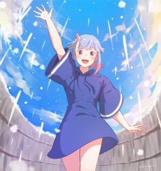 Rule 34 | 1girl, :d, absurdres, asymmetrical bangs, asymmetrical hair, blue dress, braid, commentary request, dress, from below, gradient hair, grey hair, hand up, highres, hooded dress, horns, looking at viewer, looking down, multicolored hair, oni, open mouth, outdoors, pink hair, red eyes, s-masa 7131, short sleeves, single braid, single horn, single sidelock, skin-covered horns, smile, snow, snowing, solo, suki demo kirai na amanojaku, thighs, tsumugi (suki demo kirai na amanojaku), wide sleeves