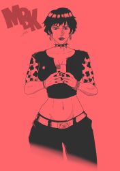 Rule 34 | 1girl, arm tattoo, artist name, black eyes, black hair, black lips, bracelet, cellphone, choker, closed mouth, collar, doll (one piece), earrings, highres, holding, holding phone, hoop earrings, jewelry, lipstick, madbrownkid art, makeup, midriff, nail polish, one piece, phone, pink background, selfie, short hair, signature, simple background, smartphone, solo, spiked collar, spikes, tattoo