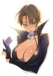Rule 34 | 1girl, alternate hair length, alternate hairstyle, between fingers, black gloves, black jacket, blue eyes, breasts, brown eyes, card, choker, cleavage, closers, gloves, hair between eyes, hand up, harpy (closers), high collar, holding, holding card, jacket, large breasts, long sleeves, looking at viewer, mole, mole under eye, mouth hold, no bra, olys, open clothes, open jacket, partially fingerless gloves, short hair, simple background, solo, twitter username, white background