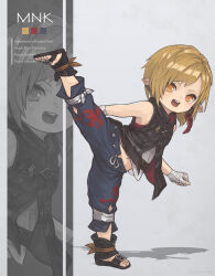 Rule 34 | 1girl, absurdres, armpits, bandaged hand, bandages, belt, black jacket, blonde hair, blue pants, earrings, english text, final fantasy, final fantasy xiv, flat chest, full body, high kick, highres, jacket, jewelry, kicking, lalafell, monk (final fantasy), multiple views, navel, open mouth, orange eyes, pants, pointy ears, puluie, sandals, shirt, simple background, split, standing, standing on one leg, standing split, teeth, toes, upper teeth only, warrior of light (ff14), white shirt