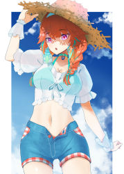 Rule 34 | 1girl, :o, absurdres, border, braid, breasts, cleavage, cloud, collarbone, commentary, cowboy shot, earrings, feather earrings, feathers, hand up, hat, highres, hololive, hololive english, isei sei, jewelry, legs apart, looking at viewer, medium breasts, multicolored hair, navel, open fly, open mouth, outdoors, pink eyes, puffy short sleeves, puffy sleeves, see-through, see-through sleeves, shaded face, shadow, short sleeves, shorts, sky, solo, straw hat, takanashi kiara, takanashi kiara (casual), two-tone hair, virtual youtuber, white border, wrist cuffs