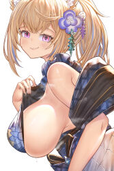Rule 34 | 1girl, :3, absurdres, animal ears, blonde hair, blue hair, breasts, dog ears, dog girl, flower, fuwawa abyssgard, fuwawa abyssgard (1st costume), hair flower, hair ornament, highres, hololive, hololive english, honkivampy, huge breasts, looking at viewer, no bra, official alternate costume, official alternate hairstyle, pink eyes, revision, simple background, solo, sweat, two side up, underboob, virtual youtuber, white background