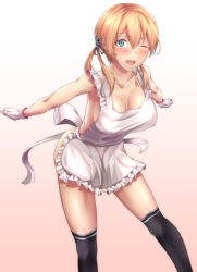 Rule 34 | 10s, 1girl, alternate costume, anchor hair ornament, apron, black socks, black thighhighs, blonde hair, blue eyes, blush, breasts, cleavage, collarbone, gloves, hair between eyes, hair ornament, kantai collection, kneehighs, large breasts, leaning forward, looking at viewer, matsunaga garana, naked apron, one eye closed, open mouth, prinz eugen (kancolle), socks, solo, thighhighs, twintails, white gloves