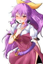 Rule 34 | 1girl, bangle, belt, blush, bracelet, breasts, commentary request, cowboy shot, dress, hair between eyes, hair ribbon, hand on own chest, highres, jewelry, long hair, looking at viewer, nose blush, one eye closed, open mouth, oshiaki, ponytail, purple belt, purple hair, red dress, ribbon, shirt, side slit, sidelocks, simple background, small breasts, solo, standing, touhou, very long hair, watatsuki no yorihime, white background, white shirt, yellow ribbon