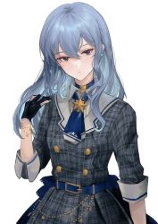 Rule 34 | 1girl, ascot, belt, black gloves, blue ascot, blue belt, blue choker, blue hair, blue nails, choker, closed mouth, dress, gloves, grey dress, hair between eyes, hair down, hololive, hoshimachi suisei, hoshimachi suisei (1st costume), kyrl, long hair, long sleeves, looking at viewer, nail polish, partially fingerless gloves, plaid, plaid dress, simple background, solo, virtual youtuber, white background