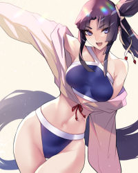 Rule 34 | 1girl, ban! (bansankan), bare shoulders, bikini, black hair, blue bikini, blue eyes, blunt bangs, breasts, collarbone, cropped jacket, fate/grand order, fate (series), groin, hair bun, hair ribbon, highres, hip focus, jacket, jacket over swimsuit, long hair, long sleeves, looking at viewer, medium breasts, navel, off shoulder, open mouth, parted bangs, ribbon, side ponytail, simple background, single hair bun, smile, solo, swimsuit, thigh gap, thighs, ushiwakamaru (fate), ushiwakamaru (fate/grand order), ushiwakamaru (swimsuit assassin) (fate), ushiwakamaru (swimsuit assassin) (first ascension) (fate), very long hair, wide hips, yellow jacket