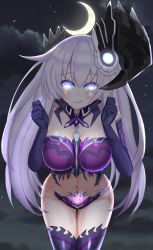 Rule 34 | 1girl, bally, bare shoulders, blue eye, bodysuit, boots, breasts, chaos purple sister, cleavage, crotch plate, forest, gloves, glowing, glowing eyes, grass, hair ornament, hairclip, highres, hungry, long hair, mechanical wings, medium breasts, mega miracle force, midriff, moon, nature, navel, nepgear, nepnep connect: chaos chanpuru, neptune (series), night, nipples, pink hair, power symbol-shaped pupils, pubic tattoo, purple sister, purple sister (chaos form), sky, smile, solo, star (sky), stiris rangetsu, symbol-shaped pupils, tattoo, thighs, tongue, tree, very long hair, wings