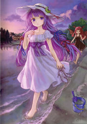 Rule 34 | 1girl, alternate costume, alternate headwear, ama-tou, barefoot, bat wings, beach, black dress, blush, bow, bucket, cloud, crescent, dress, hair bow, hair ornament, hat, head wings, high heels, holding, holding shoes, koakuma, long hair, looking at viewer, nature, ocean, open mouth, patchouli knowledge, purple dress, purple eyes, purple hair, red eyes, red hair, running, sand, scarlet devil mansion, shoes, unworn shoes, short sleeves, shovel, sky, sleeveless, smile, solo, sundress, touhou, tree, wings, worktool