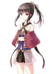 Rule 34 | &gt;:(, 1girl, atelier (series), atelier totori, bad id, bad pixiv id, bare shoulders, brown hair, crossed arms, female focus, flat chest, frown, kujou negi (minto p), mimi houllier von schwarzlang, minto p, ponytail, red eyes, shorts, sidelocks, simple background, solo, v-shaped eyebrows