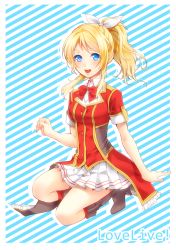 Rule 34 | 10s, 1girl, ayase eli, bad id, bad pixiv id, blonde hair, blue eyes, bokura no live kimi to no life, long hair, looking at viewer, love live!, love live! school idol project, open mouth, ponytail, sakasaka, skirt, smile, solo, striped, striped background