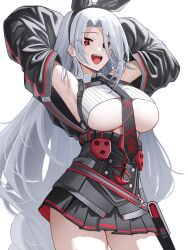 Rule 34 | 1girl, absurdres, armpits, arms behind head, arms up, azur lane, black necktie, black skirt, breasts, cowboy shot, crop top, highres, jeze, large breasts, long hair, looking at viewer, miniskirt, mole, mole under eye, necktie, open mouth, pleated skirt, prinz heinrich (azur lane), red eyes, simple background, skirt, smile, solo, standing, underboob, very long hair, white background, white hair