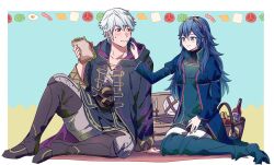 Rule 34 | 1boy, 1girl, alternate costume, ameno (a meno0), basket, black robe, blue dress, blue eyes, blue footwear, blue hair, blush, boots, brown eyes, brown footwear, closed mouth, commentary request, dress, eating, fire emblem, fire emblem awakening, food, food on face, grey pants, grey shirt, holding, holding food, hood, hood down, hooded robe, juliet sleeves, long hair, long sleeves, looking at another, lucina (fire emblem), nintendo, pants, picnic, picnic basket, puffy sleeves, robe, robin (fire emblem), robin (male) (fire emblem), sandwich, shirt, short hair, sitting, smile, sweatdrop, white hair