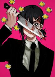Rule 34 | 1girl, absurdres, bird, black hair, black jacket, black necktie, blood, bloody knife, bloody weapon, chainsaw man, collared shirt, commentary, duck, formal, hair ornament, hairclip, higashiyama kobeni, highres, holding, holding knife, jacket, knife, looking at viewer, medium hair, meltykiss0316, mole, mole under eye, mole under mouth, multiple moles, necktie, one eye covered, pink background, rubber duck, shirt, short ponytail, simple background, single sidelock, solo, suit, weapon, white shirt