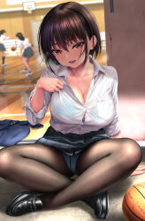 Rule 34 | 3girls, ball, basketball, basketball (object), basketball court, black footwear, black skirt, blue bra, blue panties, bra, bra visible through clothes, breasts, brown hair, cleavage, collared shirt, commentary request, crotch seam, full body, hair between eyes, hand up, highres, indoors, kase daiki, large breasts, legs, loafers, long sleeves, looking at viewer, multiple girls, open mouth, original, panties, panties under pantyhose, pantyhose, polka dot, polka dot bra, polka dot panties, purple eyes, revision, shirt, shoes, short hair, sitting, skirt, smile, solo focus, sweat, underwear, white shirt
