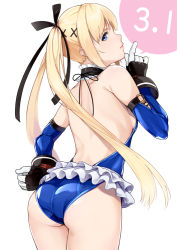 Rule 34 | 1girl, ass, bare back, black choker, black ribbon, blonde hair, blue eyes, blue leotard, blue one-piece swimsuit, choker, commentary request, cowboy shot, dead or alive, elbow gloves, frilled choker, frilled leotard, frills, from behind, gloves, hair ribbon, hand on own hip, legs together, leotard, long hair, looking back, marie rose, one-piece swimsuit, ribbon, simple background, solo, standing, swimsuit, twintails, very long hair, white background, yamaishi (mukoubuti)