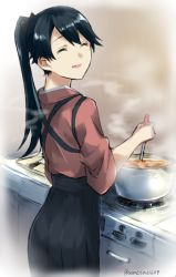Rule 34 | 10s, 1girl, :d, ^ ^, black hair, closed eyes, cooking, closed eyes, from behind, hakama, hakama skirt, houshou (kancolle), japanese clothes, kantai collection, kimono, kitchen, ladle, looking to the side, open mouth, ponytail, pot, signature, skirt, smile, solo, somechime (sometime1209), steam, stove, tasuki, twitter username