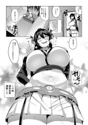 Rule 34 | 10s, 1boy, 1girl, bad id, bad pixiv id, blush, breasts, cleavage, comic, crop top, door, elbow gloves, fat, from below, gloves, greyscale, headgear, highres, huge breasts, kantai collection, long hair, looking at viewer, meme, midriff, military, military uniform, miniskirt, monochrome, nagato (kancolle), navel, pleated skirt, plump, skirt, smile, stomach, sweat, synecdoche, t-head admiral, they had lots of sex afterwards (meme), thick thighs, thigh gap, thighs, translation request, uniform, wide hips