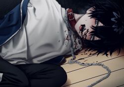 Rule 34 | 1boy, black hair, black pants, blood, blood on clothes, blood on face, blue jacket, blush, chain, chain leash, collar, grey eyes, hair between eyes, highres, imai akira, jacket, leash, looking at viewer, lying, male focus, nosebleed, on floor, on side, open clothes, open jacket, open mouth, original, pants, red collar, saliva, shirt, solo, sweat, white shirt