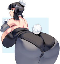 Rule 34 | 1girl, ass, ass focus, back, bare shoulders, bent over, black hair, black leotard, blue eyes, breasts, bursting breasts, cameltoe, cleavage, elbow gloves, eyelashes, female focus, gloves, half-closed eyes, hand on own chest, hat, headgear, highres, huge ass, huge breasts, kouno (masao), leotard, looking at viewer, looking back, medium hair, nose, original, pantyhose, playboy bunny, rabbit tail, shiny skin, short hair, sideboob, skin tight, skindentation, solo, tail, thick thighs, thighs, wide hips, wrist cuffs